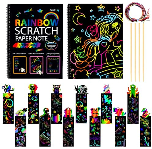 Scratch Art for Kids,Magic Rainbow Scratch Off Art Notebook,DIY Crafts for Kids,Animal Craft Scratch Paper Art Tags with Wooden Stylus and Ribbons for Christmas, Carnival,Birthday Gifts