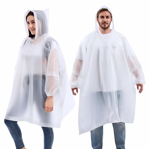 DZTSMART Pack of 2 Rain Poncho Festival, Full Sleeve Rain Jacket for Women, Raincoat Men, Waterproof Poncho, EVA Portable Unisex Rain Cape for Survive, Bike, Hiking, Camping, Stadium, White, One Size