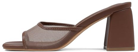 Mattiventon Brown Chunky Heels Heeled Sandals for Women Mesh Slide Sandals Square Open Toe Mules Slip On Summer Dress Shoes