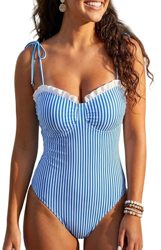 Women Swimwear One Piece Tummy Control Swimsuit Ladies One-Piece Padded Beach Bathing Suits Bikini Push Up Monokinis (A-Blue, L)