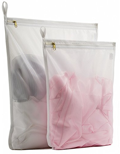 TENRAI Delicates Laundry Bags, Bra Fine Mesh Wash Bag for Underwear, Lingerie, Bra, Pantyhose, Socks, Use YKK Zipper, Have Hanger Loops (White, 1 Large & 1 Medium)