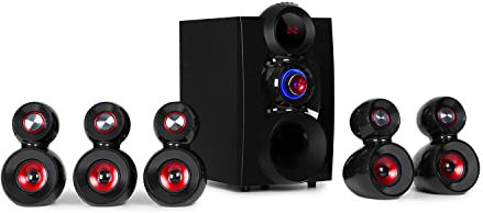 AUNA X-Gaming 5.1 - Home cinéma sans Fil 5.1, Jeux, 380W Max., Subwoofer OneSide 8, 5 Enceintes Satellites 3, Bluetooth, Port USB, SD, Entrées RCA stéréo - Noir