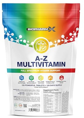 Premium A to Z Multivitamin Tablets (120 Tablets - 1 Per Day) 100% Daily NRV All Essential Vitamins - Manufactured in The UK by BioPharmX