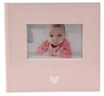 Widdop & Co Baby Girl Photo Album – Pink Slip-In Picture Book for 160 4x6 Photos with Personalising Window – Silver Foil Heart Design – Keepsake Gift for Newborns, Christenings & Baby Showers