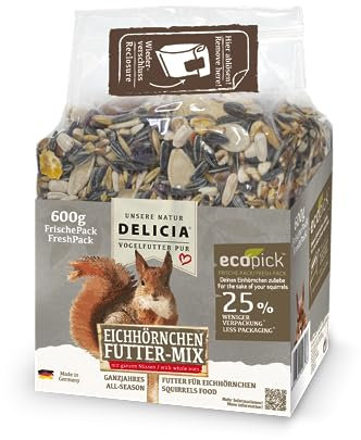 DELICIA® Eichhörnchen FutterMix (600g) · Eichhörnchen Futter mit Nüssen, Früchten & Kernen · Ganzjahresfutter für Winter & Sommer · Streufutter für Nagetiere · 100% Natürlich