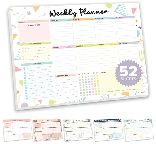 Decorably 52 Sheets Colorful Pastel Undated Weekly Planner Tear Off Pad