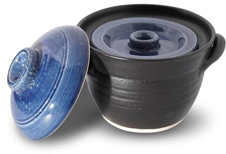 Banko-ware Donabe Japanese Earthenware Rice Pot with Double-Lid Technology – Elegant Jet-Black & Blue Design – Ensures Fluffy Rice Every Time – Includes English Manual – Made in Japan (1-2 per)