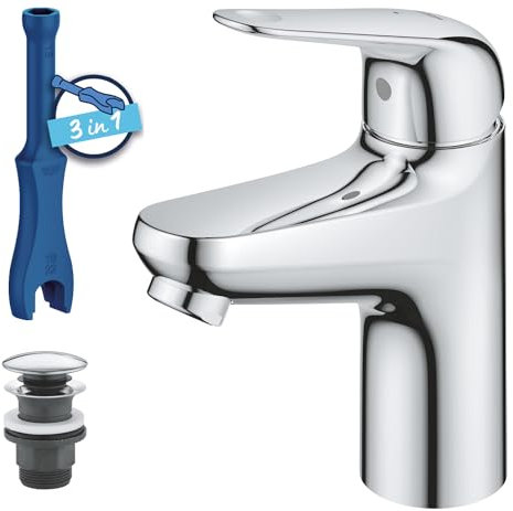 GROHE Swift, energiesparende Waschtischarmatur, Kaltwasser in Mittelstellung (Wasserhahn für Waschbecken, 16cm hoch, mit Pop-Up Ablauf, mit 3in1 Werkzeug, einfache Installation), chrom, 24323001