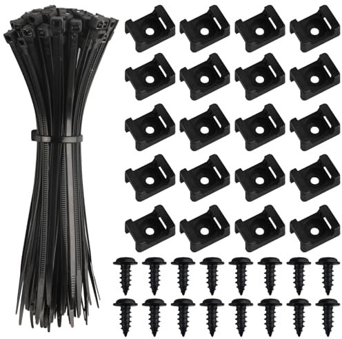 Base de fixation pour colliers de serrage avec trou de vis, Ensemble de 100 pièces, Supports en nylon noir pour colliers de serrage, Organisateur de câbles pour maison et bureau