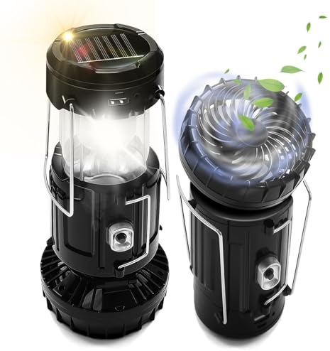 2-Pack Solar Camping Fan w/ Lantern, DIBMS Collapsible Solar Powered USB Rechargeable & Battery Powered Emergency Hanging Lights for Camping Tent Hurricanes Power Outages Storm Indoor Outdoor