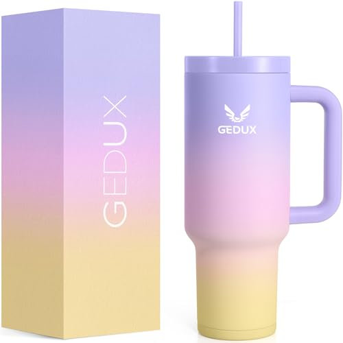 Gedux Trinkflasche mit Strohhalm 1.2L - Thermobecher mit Henkel auslaufsicher - Doppelwandige Vakuumisolierung - Thermobecher mit StrohhalmSpritzwassergeschützter Deckel
