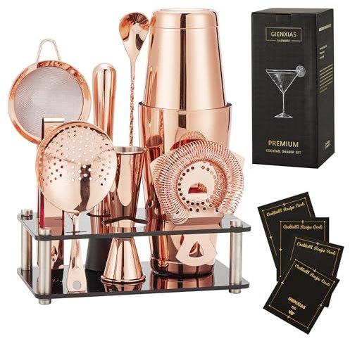 Gienxias Boston - Set di 10 shaker da cocktail in acciaio inox, con colino da bar, pinza per ghiaccio, cucchiaio da bar, misurino e supporto in acrilico, barista domestico e professionale (oro rosa)