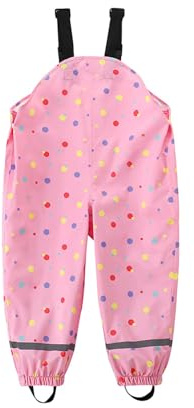 HIKIDS Kids Waterproof Over Trousers Boys Rain Bib Pants Girls Mud Puddle Pants Childrens Dungarees Toddler Rainwear for Outdoor Play Polka Dots5-6 Years