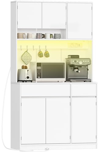 Hzuaneri Credenza Cucina Alta, Credenza Soggiorno, con Multipresa e Striscia Luminosa a LED, Ampia Superficie di Lavoro, Ripiani Regolabili, Cucina, Soggiorno, 40 x 100 x 180 cm, Bianco PT00203XEU