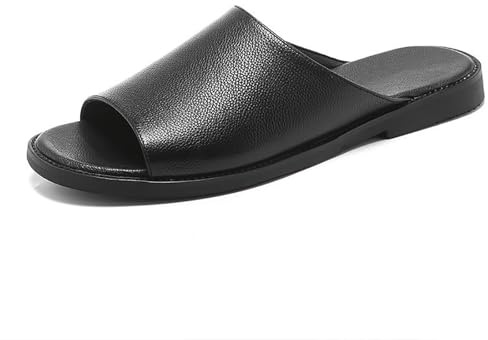 AZAGNEEM Men's Leather Flat Slides Sandals Comfortable Open Toe Slip On Soft Bottom Anti-Slip Walking Slippers Summer Indoor Outdoor Casual Beach Sandals (BLACK,12)