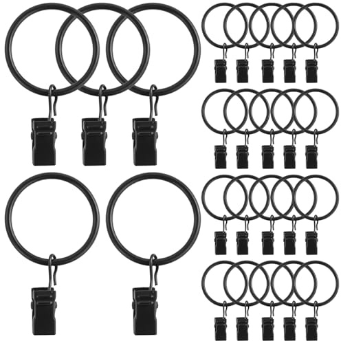 25 Pezzi Anelli per Tende Metallo,colore nero, Antiruggine Anelli per Tende con Ganci, con clip, Gancio Tenda per asta finestra, porta, tenda da doccia
