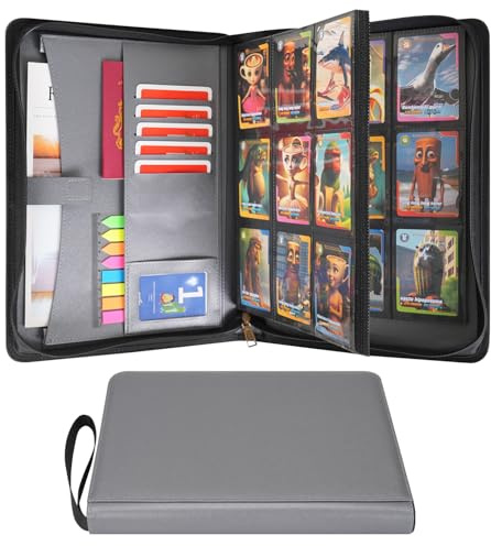 Wonderpool Carpeta de Tarjetas 9 Bolsillos - Contiene 540 Cartas | Cremallera Piel PU Álbum Sin Anillos con Bolsillos de Carga Lateral para MTG, TCG, Yugioh, Cartas Deportivas (Gris)