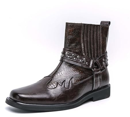 Genérico Botines De Vestir Hombre De Cuero con Punta Redonda, Chelsea Slip-On con Detalles De Tachuelas, Impermeables Antideslizantes con Tacón Grueso,Marrón,46 EU