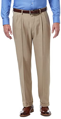 Haggar mens Premium Comfort Classic Fit Pleat Expandable Waist Dress Pants, Medium Khaki, 32W x 32L US