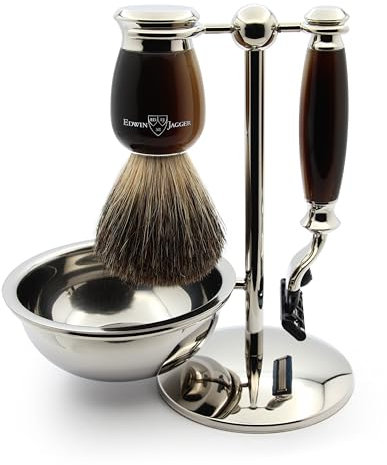 Edwin Jagger S81M582BAMZ Imitation Licht Horn & Nickel Klassisches Rasierset mit Schale mit einem Pure Badger Rasierpinsel und Mach 3 Rasiermesser für Rasiercreme oder Seife für Männer
