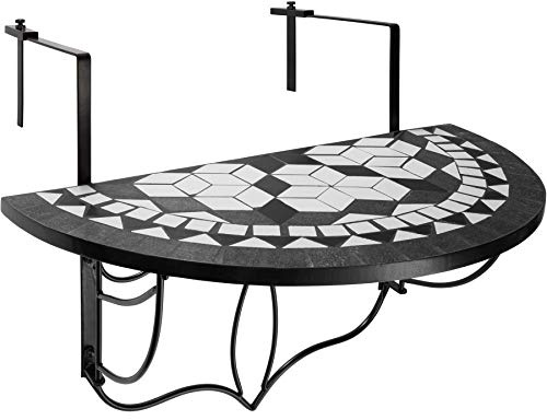 tectake® Tavolo da Balcone 75x65x62 cm, Tavolo da Esterno in Mosaico di Pietra, Ganci di metallo per appenderlo, Design Semicircolare, per Terrazzo e Balcone, Arredo Giardino e Casa - Nero/Bianco