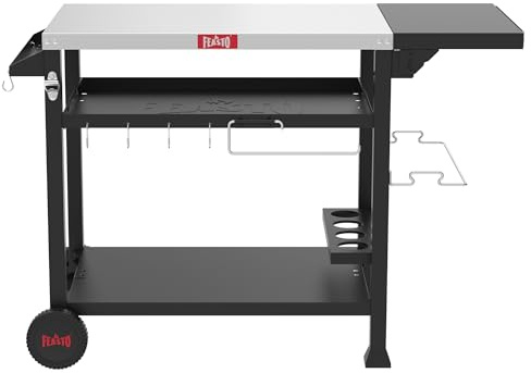 Feasto Desserte pour Plancha avec Table d'Appoint, 125 x 64 x 84 cm | Chariot de Barbecue avec Plateau en Acier Inox, Rangement Bouteilles et 6 Crochets, Pour Terrasse et Jardin