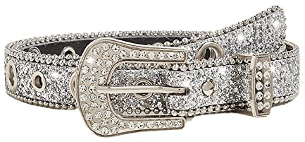 JowTreex Rhinestone Belt for Men and Women, Western Cowgirl Cowboy Bling Studded Diamond Belt Faux Leather Belt for Jeans Pants Dress (Silver, Fit for waistline 28-35 inches)