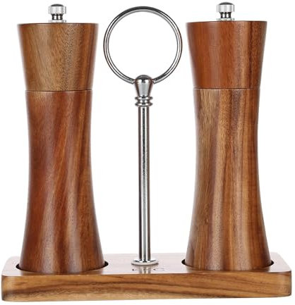KKC salz und pfeffermühle, manuell holz verstellbar keramikmahlwerk gewürzmühle für grobes salz, Akazienholz salzmühle Pfeffermühlen, Küchen Pfeffer chillimühlen, mühlenset mit Tablett 15CM