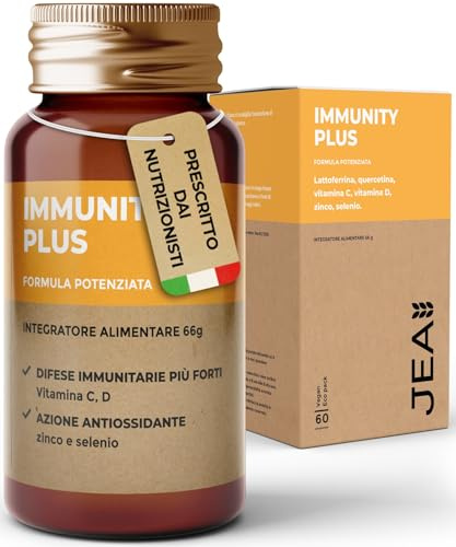 JEA IMMUNITY PLUS - Lattoferrina, Integratore Difese Immunitarie Adulti ad Alto Dosaggio di Quercetina, Vitamina C di Origine Naturale da Rosa Canina, Vitamina D, Zinco e Selenio - 60 Compresse