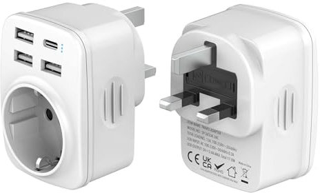 Hoppac Adaptateur Prise Anglaise, Prise Anglaise Adaptateur Francais Avec 3USB A et 1USB C,Adaptateur Voyage Multifonction 5 en 1 Prise Anglaise/UK vers France Pour UK,L'Irlande,Singapour,Dubai,Type G