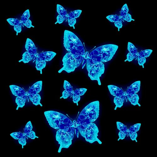 12 Stück Fluoreszierende Aufkleber 3D Schmetterlinge Leuchtend Wandtattoo Leuchtend Schmetterling Wandaufkleber Schmetterlinge Deko für Wohnzimmer Schlafzimmer Kinderzimmer Wanddeko Blau