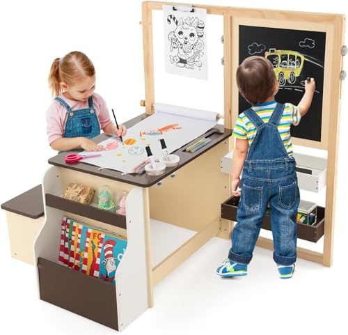 GOPLUS Bureau Enfant Fille Garcon avec Banc, 3 en 1 Tableau Chevalet Enfant Double Face Ajustable, Table de Dessin en Bois avec Rouleau de Papier, Tableau Blanc/Noir, Charge 50KG, Gris
