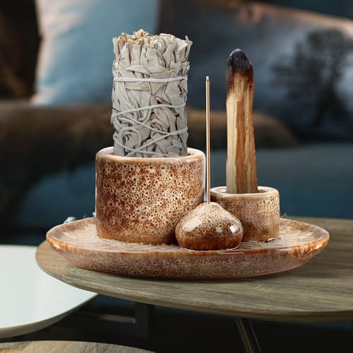 JOLIGAEA 4 in 1 Räucherschale für jedes Räucherwerk, Räucherstäbchen, Weißer Salbeibrenner, Keramik Räucherstäbchenhalter für Palo Santo Stäbchen, Schmierteller für weißen Salbei, Palo Santo Sticks