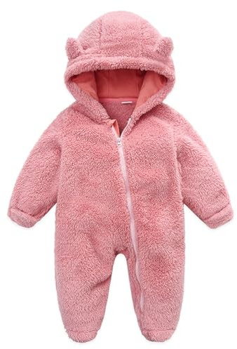 MAHUAOYIXI Toddler Baby Romper Infant Baby Boys Girls Long Sleeve Footies Hooded Zipper Closure Bear Ear Snowsuit Winter Fuzzy Jumpsuit for Baby Boys Girls Clothes (Pink, 3-6 Months)