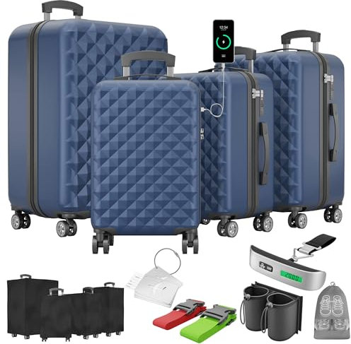 Onbest Premium Kofferset 4-TLG. – Hartschalenkoffer mit TSA-Lock, USB-Anschluss – 1x Kofferwaage, 2X Koffergurt, 4X Adresshänger, 1x Getränkehalter, 1x Schuhbeutel, 4X Staubschutzhüllen