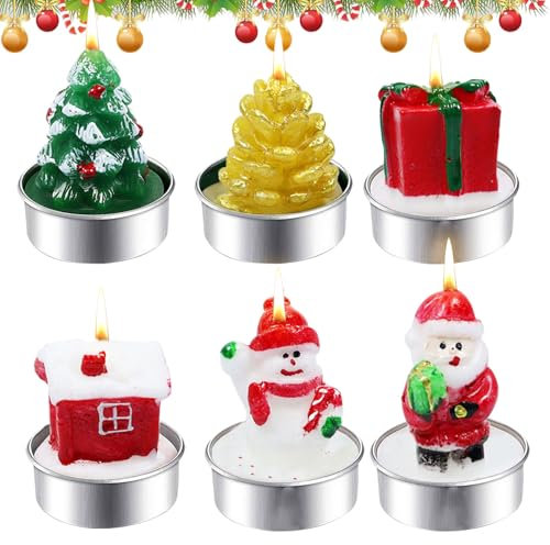 6 Stück Weihnachtskerzen, Kerzen Weihnachten, Kerze Teelichter Weihnachten, Weihnachts Kerze, Weihnachtskerze, Weihnachtsteelichter mit Kerzenhalter, Rauchfrei Kerzen für Weihnachts Spa Home Geschenk