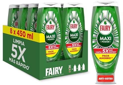 Fairy Maxi Poder Lavavajillas Liquido a Mano, 3,6 L (8 x 450 ml), Con Poder Antigrasa, Limpieza Facil Platos, Ollas Y Sartenes Mas Grasientas