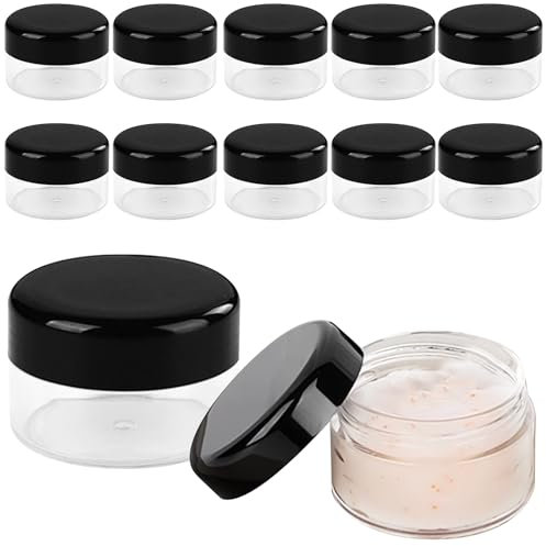 Hurifeng 12er Pack 20g Kosmetikdosen mit Deckel – Leere Tiegel zum Befüllen, Mini Dosen für Creme, Lippenbalsam, Probenbehälter, Reise Tiegel, Transparente Kosmetikbehälter mit Schwarzem Deckel, Haltb