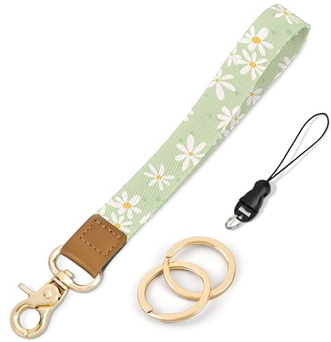 Knagsfa Porte-clés bracelet, jolis lanières de poignet pour clés, bande de porte-clés pour portefeuille, téléphone, badges d'identité pour femmes, Marguerite verte