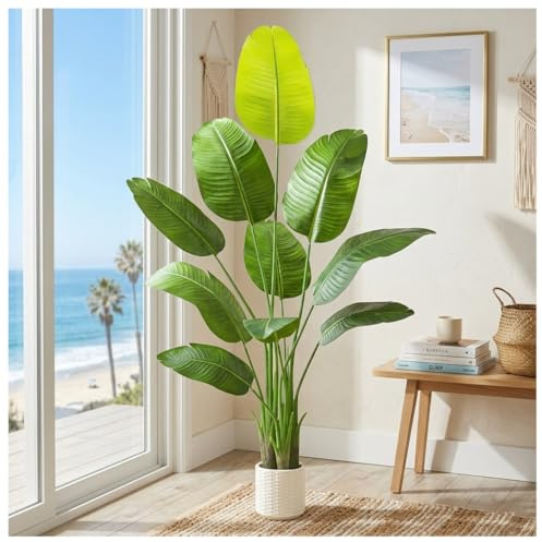 TNGGNT Artificial Bird of Paradise Plant: 6FT Faux Traveler's Palm Fake Banana Tree Elephant Ear Leaf Tall Silk Floor Plant in White Pot for Home Decor Indoor Office Entryway Balcony Patio Cafe Hotel