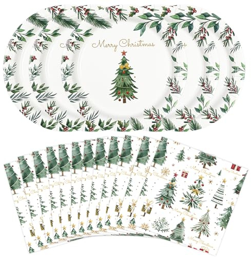 HFBOBP 40PCS Christmas Paper Plates and Napkins Party Decorations, 9inch Xmas Tree Dinner Plates Party Supplies Disposable Holly Dinnerware Set for Winter Holiday Christmas