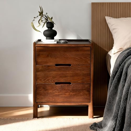 Cttasty Nightstand, Solid Wood Small End Table w/3 Drawers, Modern Bedside Tables, Mid Century Night Stand, Bed Side Table, 15.75 W x 13.78 D x 21.65 H (Walnut)