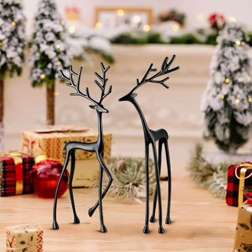 Reindeer Statues, Imitation Metal Reindeers Sculpture, Christmas Imitation Metal Black Reindeer Figurines, Black Finish European-Style Modern Decorative for Mantel Living Room Bedroom Office (2Pc)