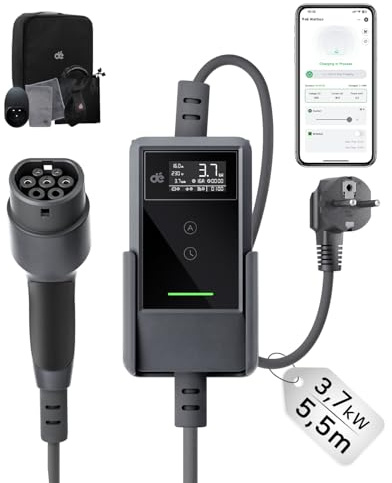 dé 3,7 kW elbilsladdare med app [5 m, 6–16 A] schuko laddkabel för elbil med väggfäste, digital LCD-laddare av typ 2, kompatibel med E-208, Model Y, E-Tech och andra elbilar/laddare med hybridteknik | Plug and Play med LCD-skärm, IP66 och DDR typ A 30 mA AC+ 6 mA DC, elbilladdningskabel, för EV/PHEV, svart