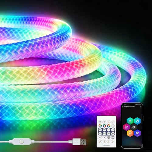 ShineBurky 3M RGBIC Neon Rope Light 5V USB LED Strip Lights 360° Glow | RGB Braided Silicone Lights,IP67 Waterproof,APP/Remote Control,Music Sync,Color Changing Ambient Lighting for Outdoor/Indoor