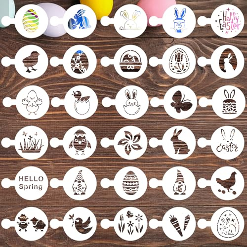 Stencil per biscotti pasquali, 30 pezzi riutilizzabili a forma di uova e coniglietti Stencil per caffè Modelli Stampi per biscotti, pasticceria, dessert, decorazione caffè, articoli per feste