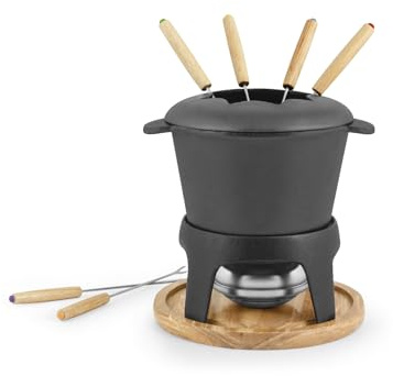 H&H Fondue Set 11 Pieces in Black Enameled Cast Iron with Light Wood Base – Complete with Casserole, Pedestal, Forks and Fuel Paste Cooker