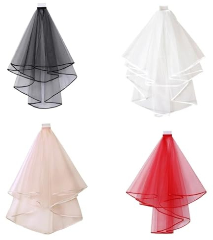 huvudduk av gasväv, Dubbel mesh tyll bandkant kvinnor kort bröllopsslöja med kam brud(White)