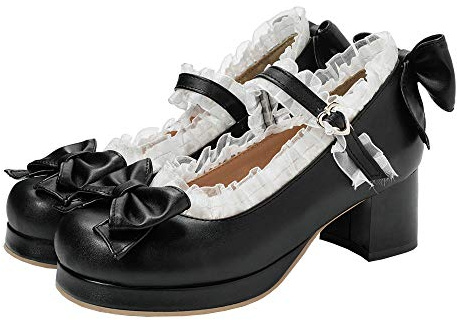 Women Kawaii Mid Block Heel Mary Jane Rockabilly Pumps with Bow,8,Black