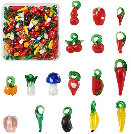 PandaHall - 200 cuentas de lampwork de cristal hechas a mano de temática de frutas y verduras, espaciador de vidrio, cuentas sueltas para pulseras, collares, fabricación de joyas, manualidades